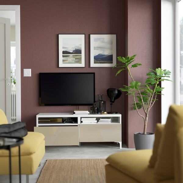 Bild 2 von BESTÅ  TV-Bank mit Schubladen, weiß/Selsviken Hochglanz beige 120x42x48 cm