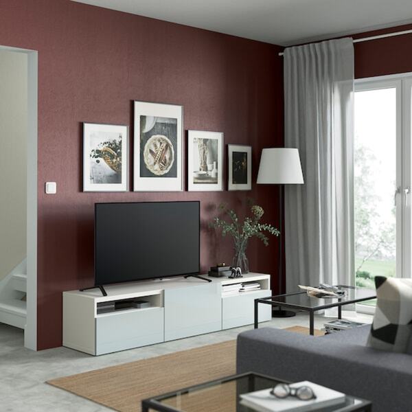 Bild 3 von BESTÅ  TV-Bank mit Schubladen und Tür, weiß/Selsviken hell graublau 180x42x39 cm