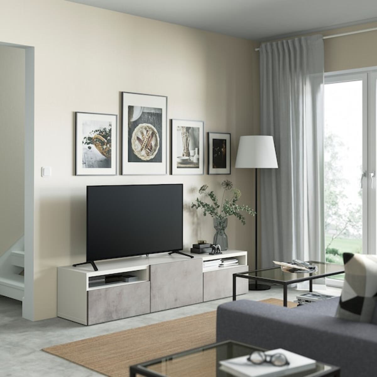 Bild 3 von BESTÅ  TV-Bank mit Schubladen und Tür, weiß/Kallviken hellgrau 180x42x39 cm