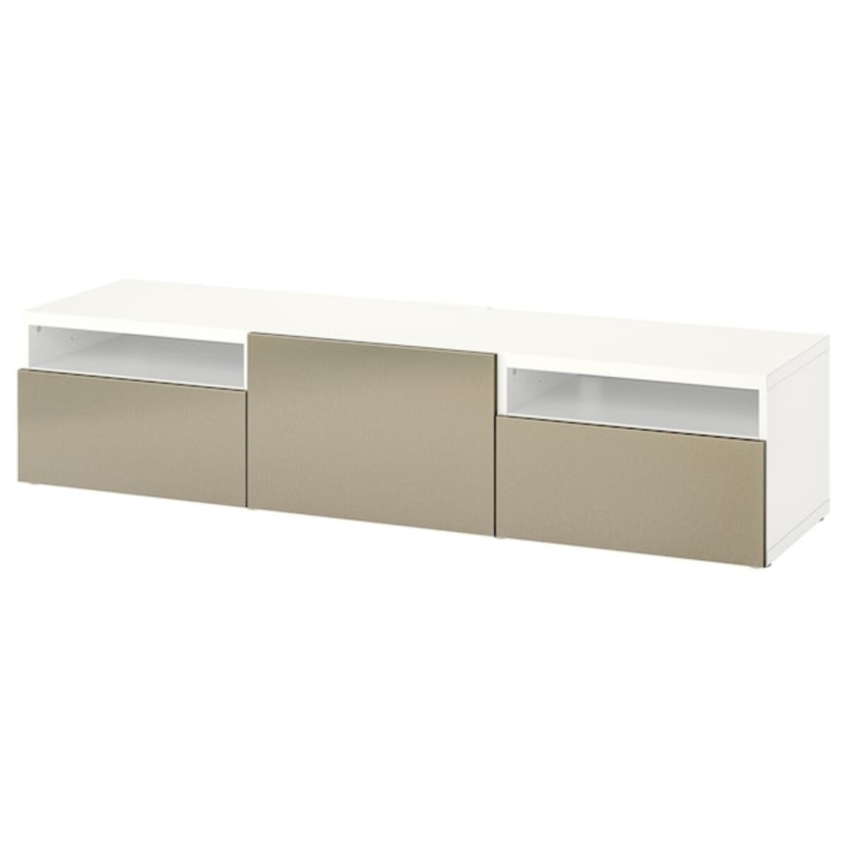 Bild 1 von BESTÅ  TV-Bank mit Schubladen und Tür, weiß/Riksviken hell bronzefarben 180x42x39 cm