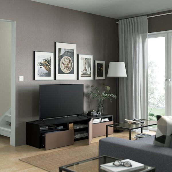 Bild 2 von BESTÅ  TV-Bank mit Schubladen und Tür, schwarzbraun/Lappviken hell graubraun 180x42x39 cm
