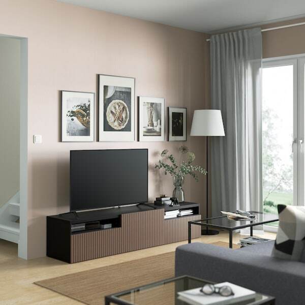 Bild 2 von BESTÅ  TV-Bank mit Schubladen und Tür, schwarzbraun Björköviken/braun gebeiztes Eichenfurnier 180x42x39 cm