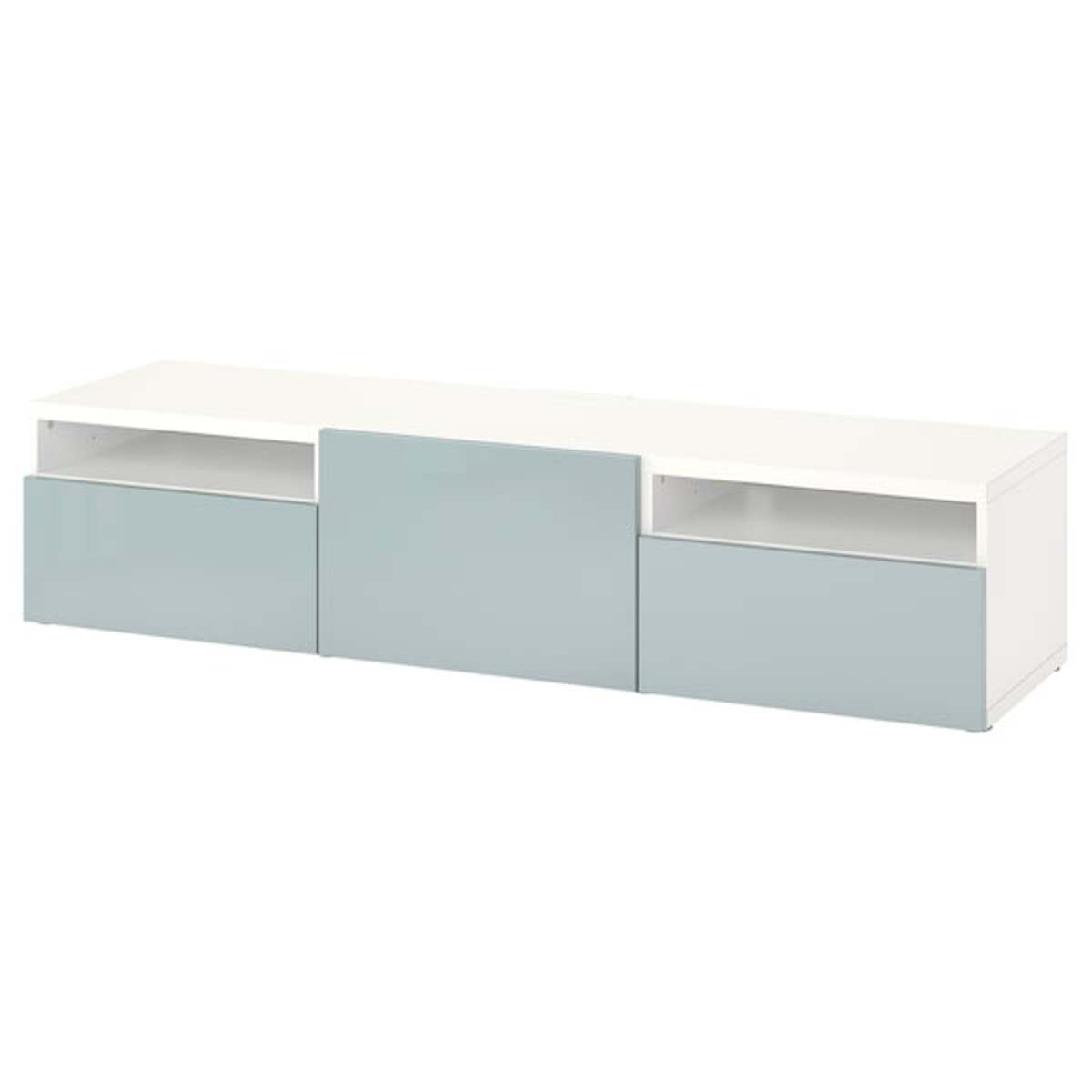 Bild 1 von BESTÅ  TV-Bank mit Schubladen und Tür, weiß/Selsviken hell graublau 180x42x39 cm