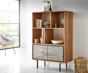 Highboard Juwelo 88x135 cm Akazie Natur mit Steinfurnier