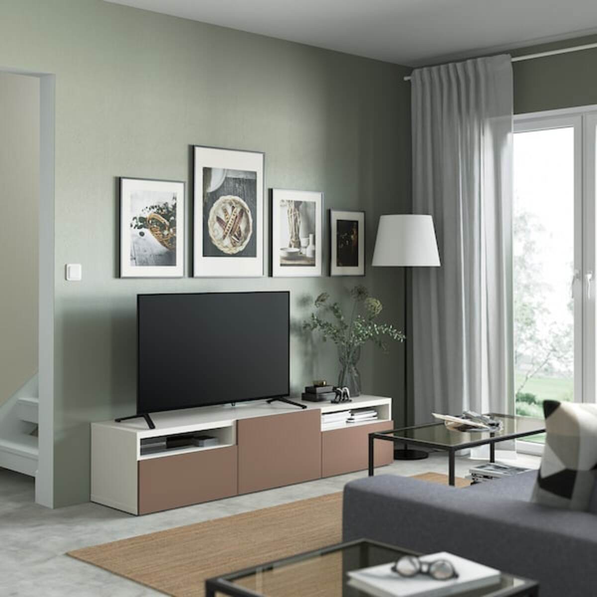 Bild 3 von BESTÅ  TV-Bank mit Schubladen und Tür, weiß/Lappviken hell graubraun 180x42x39 cm