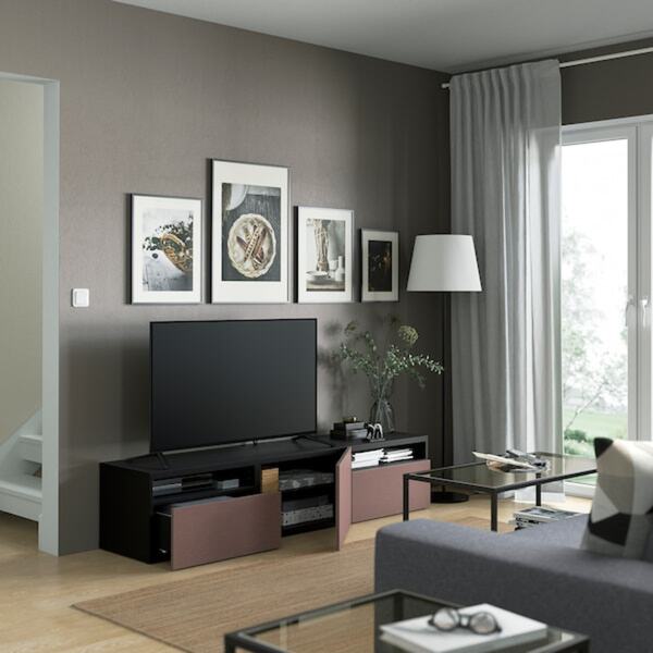 Bild 2 von BESTÅ  TV-Bank mit Schubladen und Tür, schwarzbraun/Hjortviken braun 180x42x39 cm