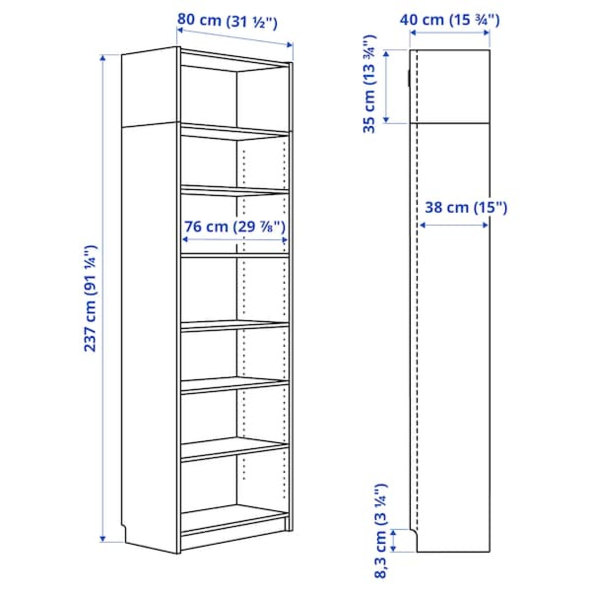 Bild 3 von BILLY  Bücherregal mit Aufsatzregal, weiß 80x40x237 cm