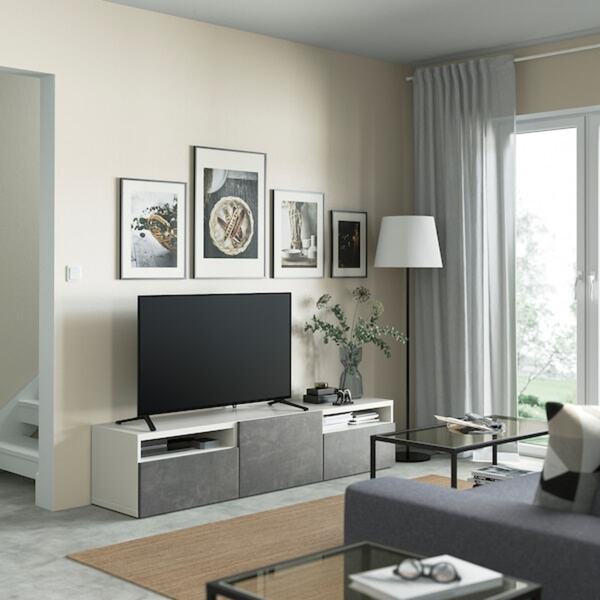 Bild 3 von BESTÅ  TV-Bank mit Schubladen und Tür, weiß/Kallviken dunkelgrau 180x42x39 cm