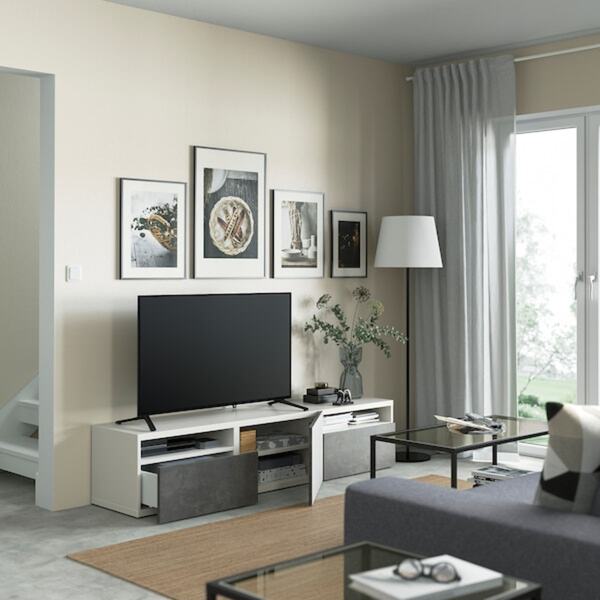 Bild 2 von BESTÅ  TV-Bank mit Schubladen und Tür, weiß/Kallviken dunkelgrau 180x42x39 cm