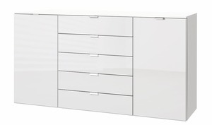 LIV'IN  Kommode SANFORD 180 cm weiß - Inklusive 2 Drehtüren - 5 Schubkästen - Holznachbildung - grifflos - Höhe 100 cm - Tiefe 42 cm