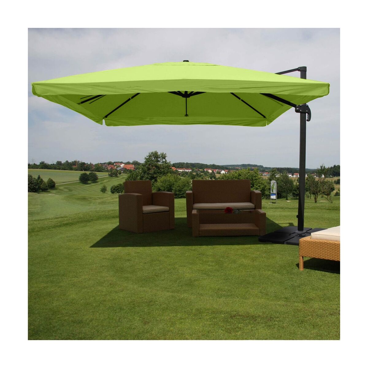 Bild 1 von Gastronomie-Ampelschirm MCW-A96, Sonnenschirm, 3x3m (Ø4,24m) Polyester/Alu 23kg ~ Flap, grün mit Ständer, drehbar