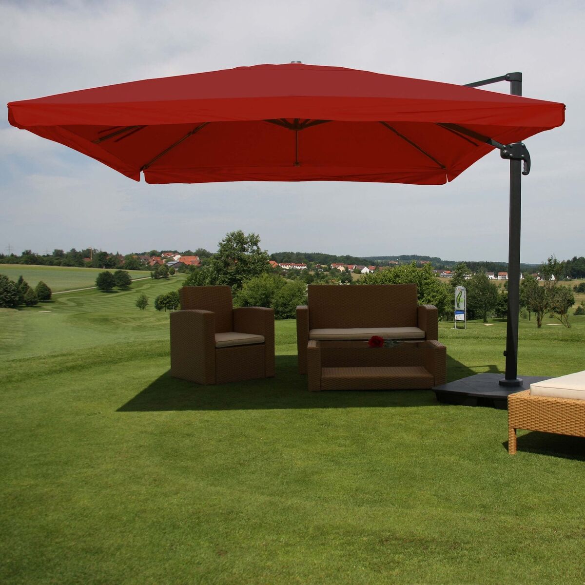 Bild 1 von Ampelschirm MCW-A96, Gastronomie, 3x3m (Ø4,24m) Polyester Alu/Stahl 23kg ~ Flap, bordeaux mit Ständer
