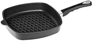 AMT Gastroguss Eck-Pfanne flach, Aluguss, 28 x 28 cm, Höhe: 5 cm, Antihaftbeschichtung, Induktion, BBQ-Muster, mit Grillboden, schwarz