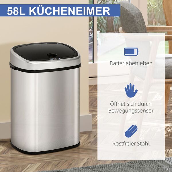 Bild 4 von Automatik Mülleimer Abfalleimer mit Infrarotsensor Kücheneimer 58L Silber L40,9 x B28,9 x H68 cm