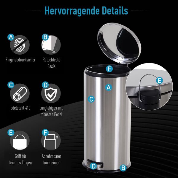 Bild 3 von Abfalleimer Mülleimer Treteimer mit Inneneimer 30 L Soft Schließen Edelstahl PP Ø29,2 x H62,5 cm