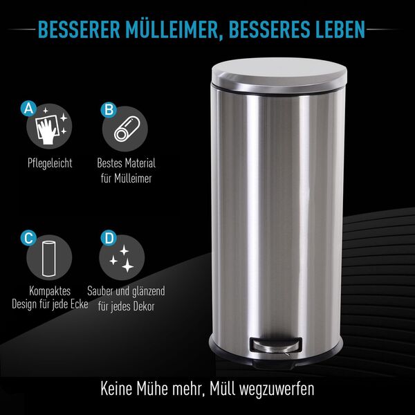 Bild 4 von Abfalleimer Mülleimer Treteimer mit Inneneimer 30 L Soft Schließen Edelstahl PP Ø29,2 x H62,5 cm