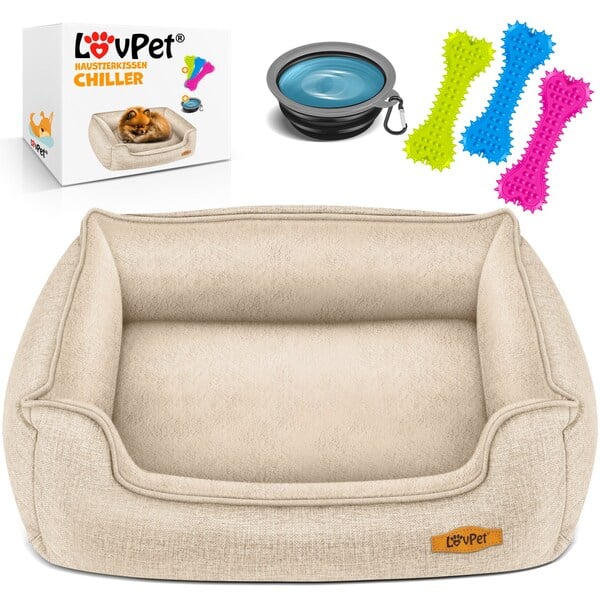 Bild 1 von LovPet® Hundebett Hundekissen Hundekorb Chiller, Inkl. Napf + 3X Kauknochen, Hundesofa Kissen für Kleine, Mittelgroße & Große Hunde, Bezug abnehmbar und waschbar