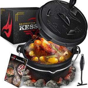 KESSER® Dutch Oven Set BBQ Feuertopf Schmortopf, Gusseisen Topf mit Deckelheber Henkel und Schlitz für Themormeter, kochkessel Grilltopf Gulaschkessel für Oudoor & Indoor