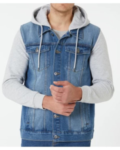 Jeansjacke mit Sweateinsätzen, X-Mail, Kapuze, jeansblau