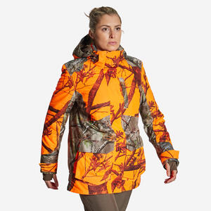 Jagdjacke Regenjacke 500 Damen 3-in-1 warm geräuscharm camouflage/orange