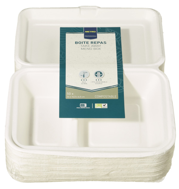 Bild 1 von METRO Professional Menübox 3-geteilt, Bagasse, Cremeweiß 24 x 16,5 x 6,5 cm, 50 Stück