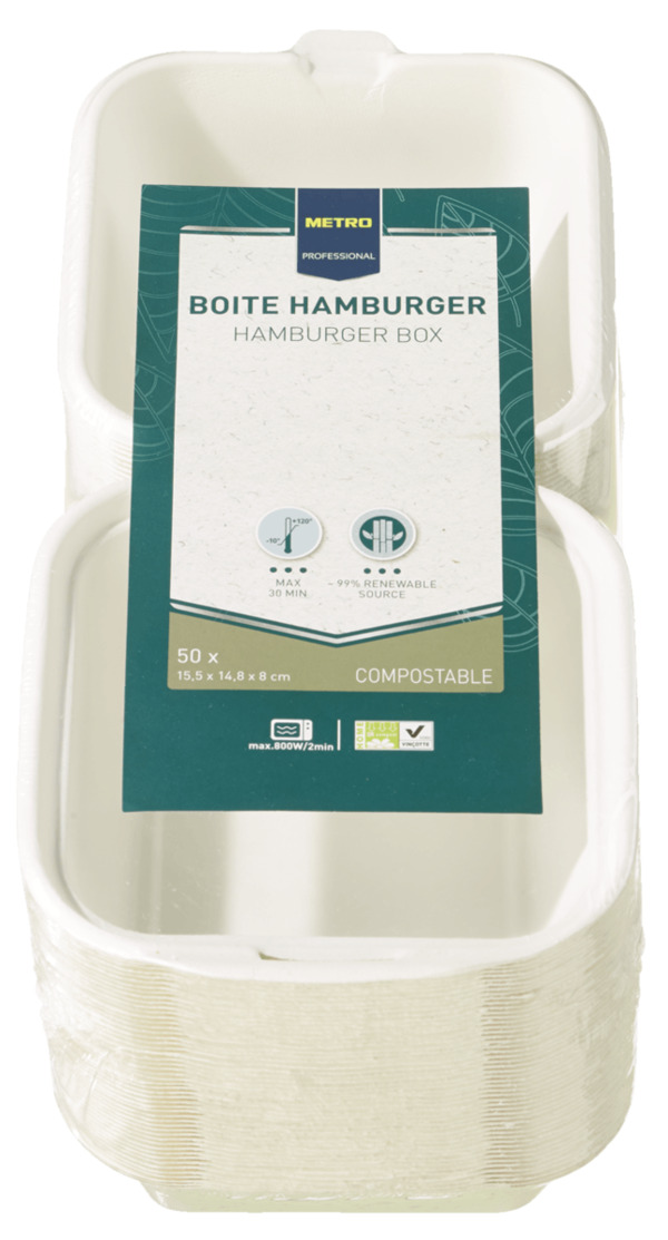 Bild 1 von METRO Professional Hamburger Box, bagasse, 15.5 x 14.8 x 8 cm, 800 ml, weiß, 50 Stück