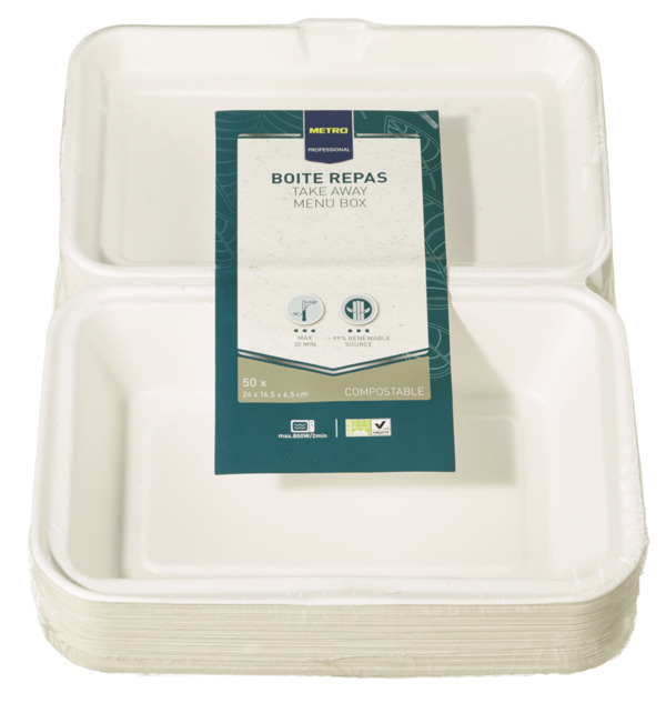 Bild 1 von METRO Professional Menübox, Bagasse, 24 x 16.5 x 6.5 cm, 1200 ml, weiß, 50 Stück