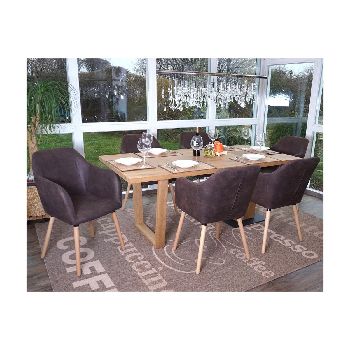 Bild 1 von 6er-Set Esszimmerstuhl Vaasa T381, Stuhl Küchenstuhl, Retro 50er Jahre Design ~ Textil, vintage dunkelbraun, helle Beine