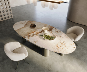 Esstisch Edge Oval 280x130 Keramik Minas Melange Weiß-Beige Pilier Metall Effektfinish Titan
