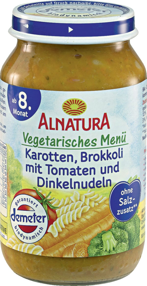 Bild 1 von Alnatura Bio vegetarisches Menü Karotten, Brokkoli mit Tomaten & Dinkelnudeln, 220 g