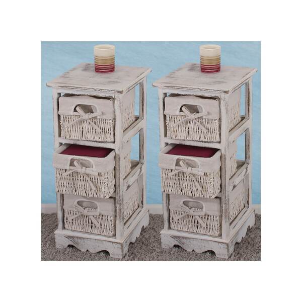 Bild 1 von 2xRegal Kommode mit 3 Korbschubladen 58x25x28cm, Shabby-Look, Vintage ~ weiß