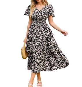 GRACE KARIN 2024 Damen Sommer V-Ausschnitt Kurzarm Blumenkleid Casual Strand Maxi Kleid Elegant A-Linie Freizeitkleid Urlaubskleid Hochzeit