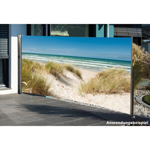 Seitenmarkise 3 x 1,6 m mit Auszug rechts und Fotodruck „Ostsee“ links