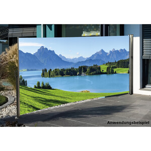 Seitenmarkise 3 x 1,6 m mit Auszug links und Fotodruck „Bergsee“ rechts