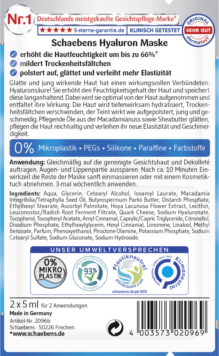 Bild 1 von Schaebens Hyaluron Maske 10er Beutel, 100 ml