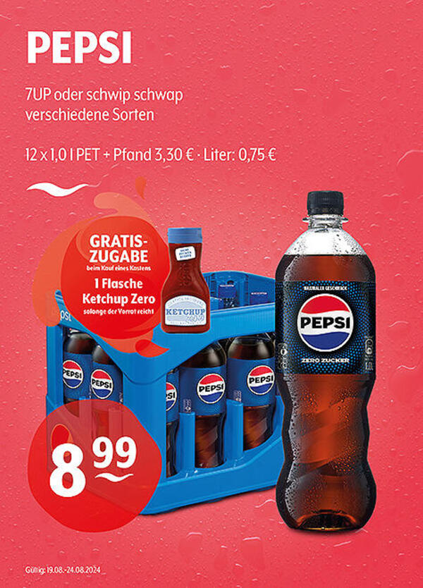 Bild 1 von PEPSI 7UP oder schwip schwap verschiedene SortenGratis beim Kauf eines Kastens: 1 Flasche Zero Ketchup, nur solange der Vorrat reicht