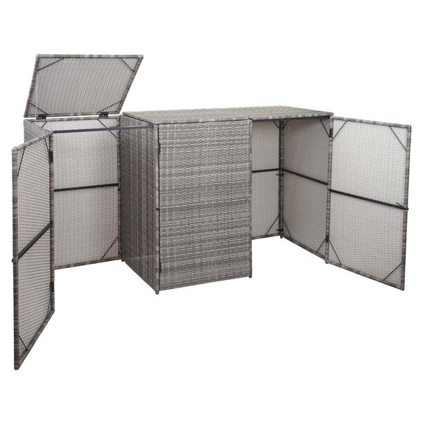 Bild 1 von 3er-Mülltonnenverkleidung MCW-E25, Mülltonnenbox Mülltonnenabdeckung, Poly-Rattan 3x120l ~ grau