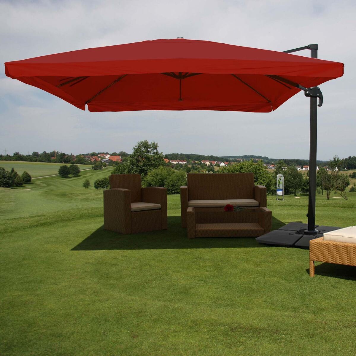 Bild 1 von Gastronomie-Ampelschirm MCW-A96, 3x4m (Ø5m) Polyester Alu/Stahl 26kg ~ Flap, bordeaux mit Ständer, drehbar