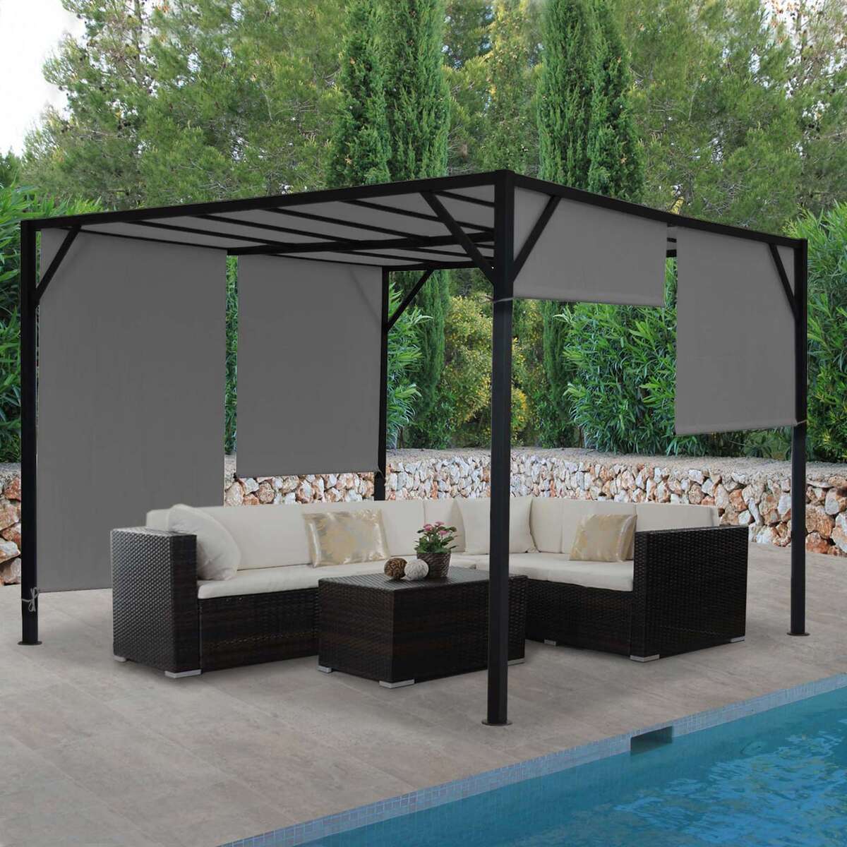Bild 1 von Pergola Beja, Garten Pavillon Terrassenüberdachung, stabiles 6cm-Stahl-Gestell + Schiebedach grau ~ 4x4m