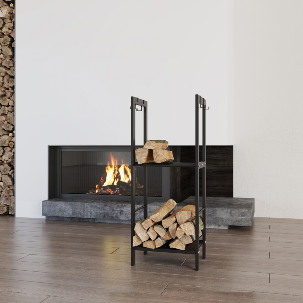 Bild 3 von modernes Kaminholzregal mit 2 Ablagen & 4 Haken für Kaminbesteck schwarz