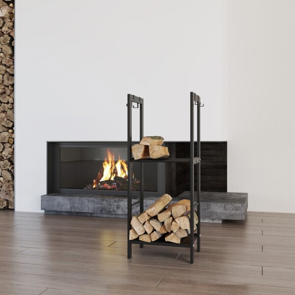 Bild 3 von modernes Kaminholzregal mit 2 Ablagen & 4 Haken für Kaminbesteck schwarz