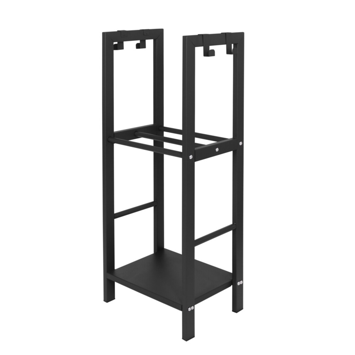 Bild 1 von modernes Kaminholzregal mit 2 Ablagen & 4 Haken für Kaminbesteck schwarz