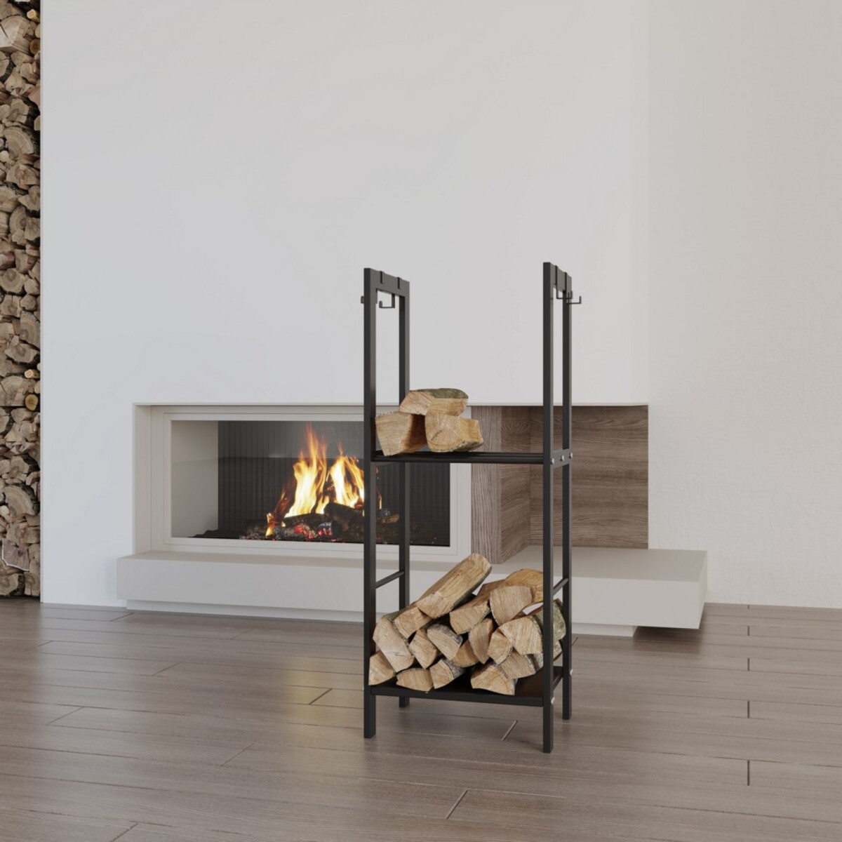 Bild 2 von modernes Kaminholzregal mit 2 Ablagen & 4 Haken für Kaminbesteck schwarz