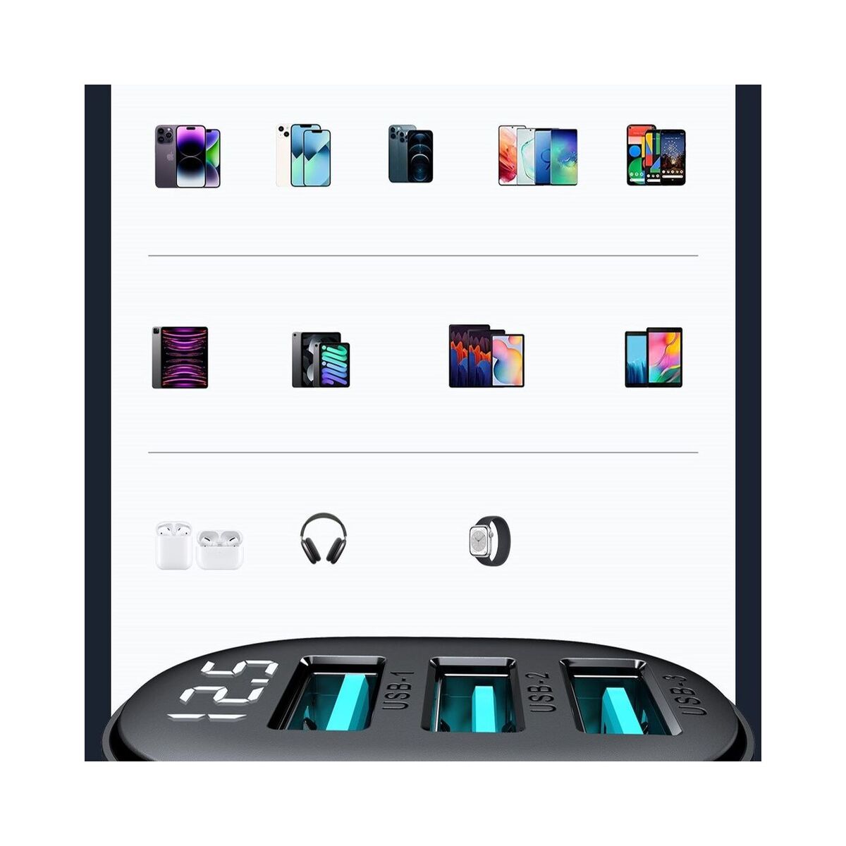 Bild 2 von 3,4A Autoladegerät mit 3x USB-A Display - Schwarz