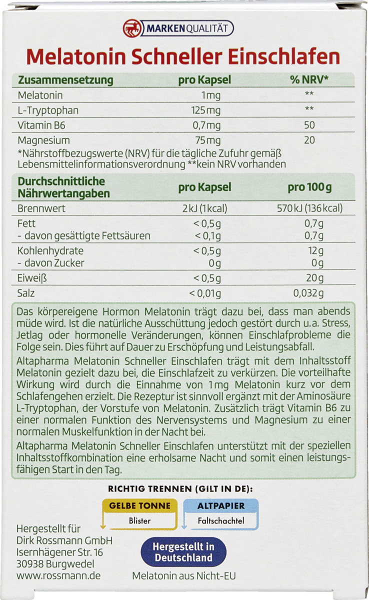 Bild 1 von altapharma Melatonin Schneller Einschlafen, 12 g