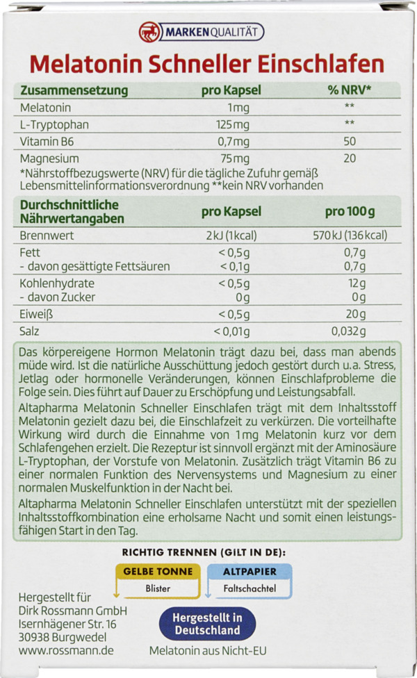 Bild 1 von altapharma Melatonin Schneller Einschlafen, 12 g