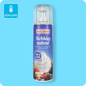 MILSANI Sprühsahne, 30 % Fett im Milchanteil oder fettreduziert 20 % Fett im Milchanteil (nur regional verfügbar)