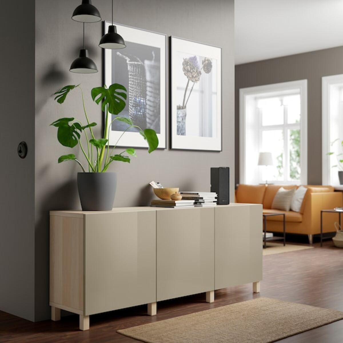 Bild 4 von BESTÅ Aufbewahrung mit Türen, Eicheneff wlas/Selsviken/Stubbarp Hochglanz beige 180x42x74 cm
