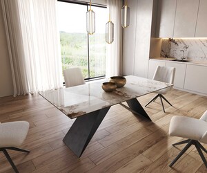 Esstisch Edge 200x100 Keramik Minas Melange Weiß-Beige V-Gestell Flachstahl Schwarz