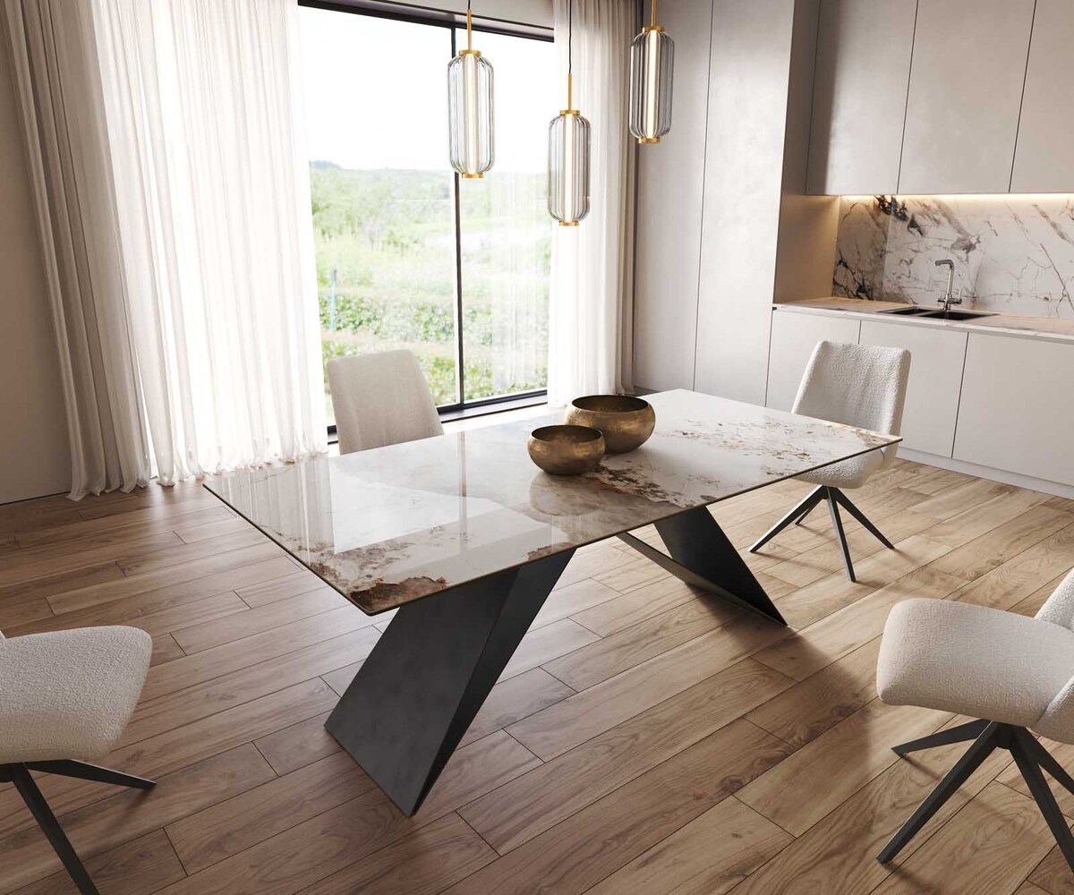 Bild 1 von Esstisch Edge 200x100 Keramik Minas Melange Weiß-Beige V-Gestell Flachstahl Schwarz